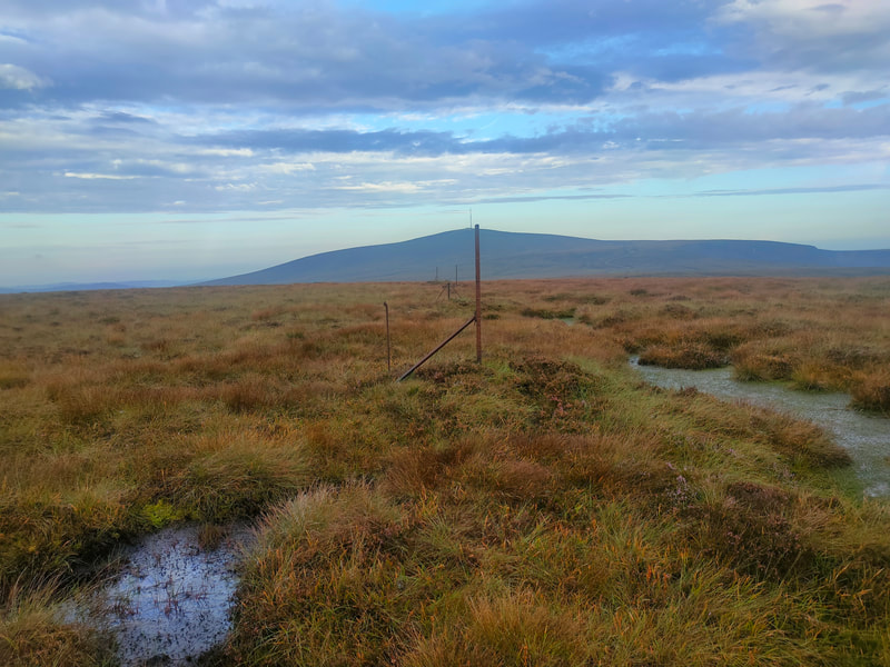 A steel fence steak standing in the middle of a boggy mountain top with another mountain in the background